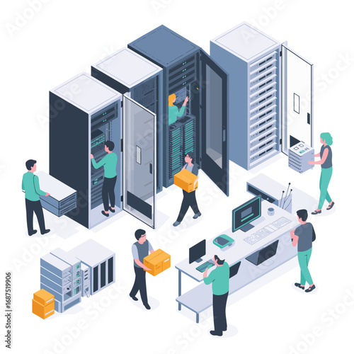 It professionals working in a modern data center with server racks