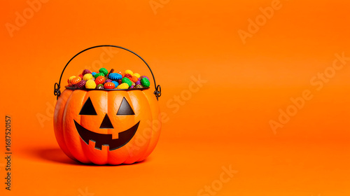 halloween jack o lantern halloween A pumpkin-shaped candy basket with candies on an orange background for Halloween