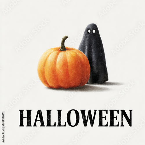 Orange demon pumpkin, spooky black ghost, bold text 