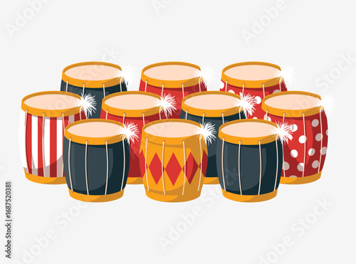 Collection of colorful and festive drums with various patterns and designs