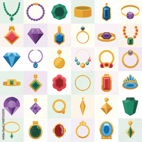 Collection of colorful gemstones and jewelry on a grid background