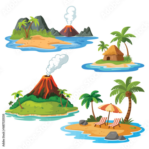 Collection of tropical islands with volcanoes beaches and huts