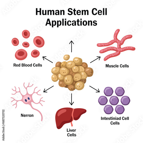 Diagram illustrating human stem cell applications and differentiation