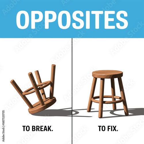Opposites to break and to fix illustrated with wooden stools