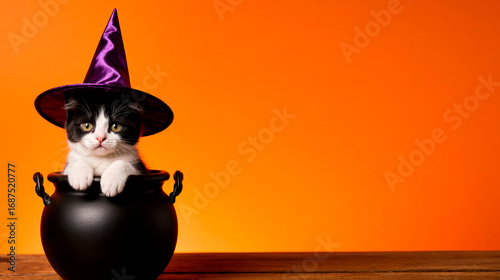 cat in a party hat on an orange background
