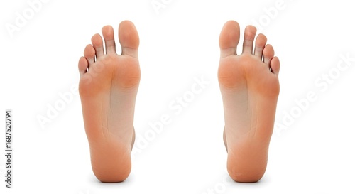 Two soles of human feet shown from below on a white background