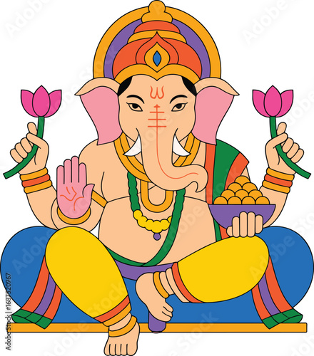 Vibrant illustration of lord ganesha sitting cross legged holding lotus flowers