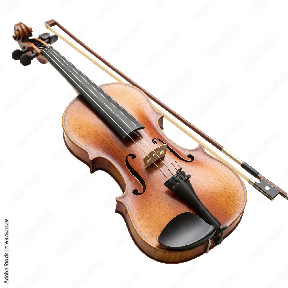 Fototapeta premium Acoustic violin and bow isolated on transparent background