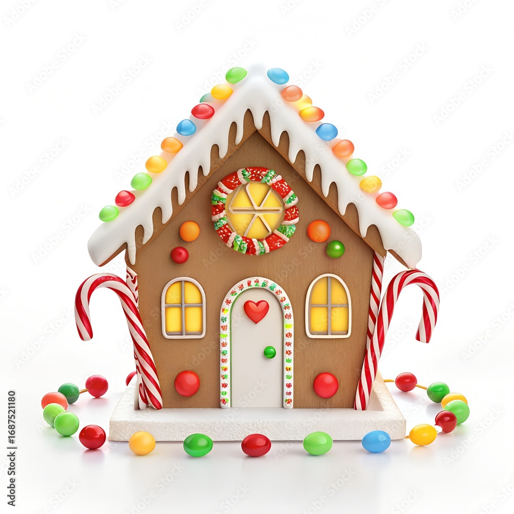 Fototapeta premium Festive Gingerbread House with Candy Canes and Christmas Lights on White Background 