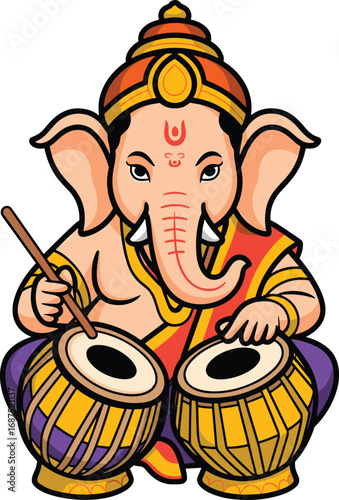 Cute cartoon illustration of lord ganesha playing drums with a joyful expression