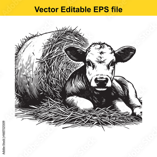  young calf resting in hay bale, black and white sketch style