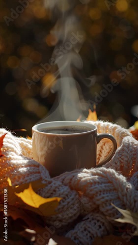 Wallpaper Mural Hot coffee cup with steam and autumn leaves, cozy seasonal morning with copy space for lifestyle design Torontodigital.ca