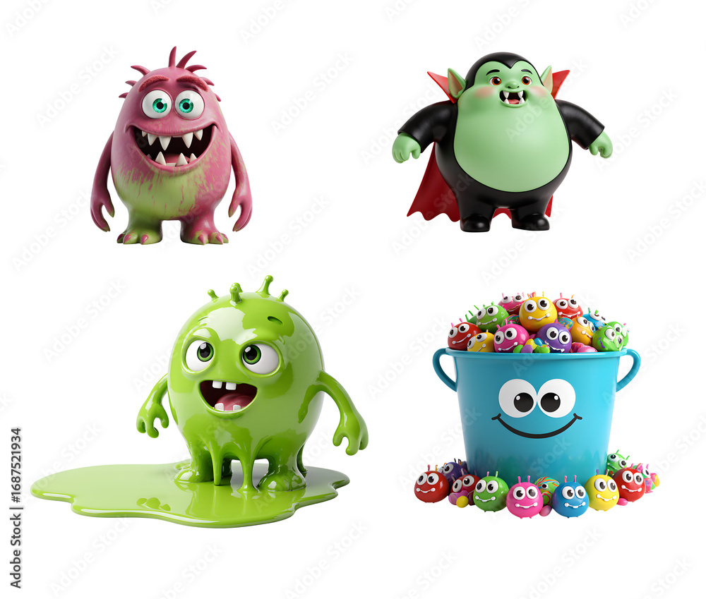 Obraz premium Cute 3D cartoon Halloween monsters collection with transparent background