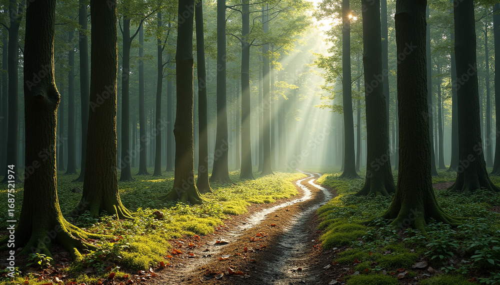 Obraz premium Sunbeams illuminating a winding forest path light rays