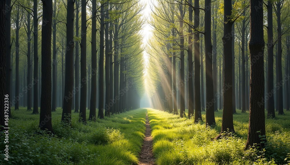 Obraz premium Sunbeams Through Forest Trees Onto Path woods nature
