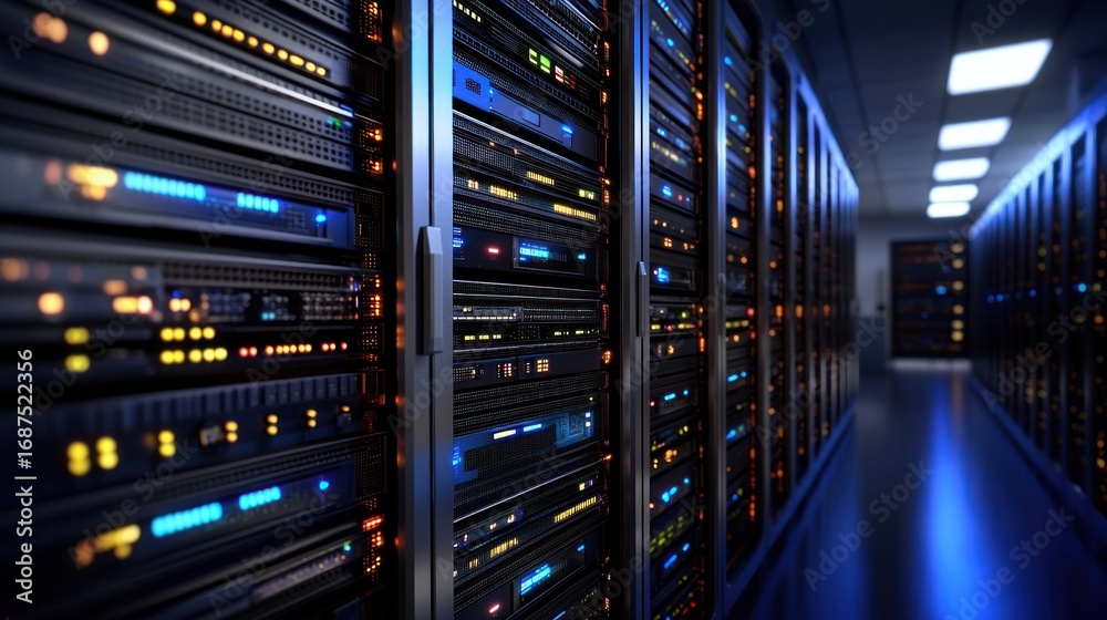 Naklejka premium Rows of server racks in a dark data center, illuminated by glowing lights.