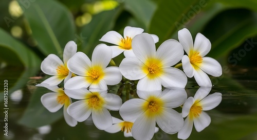 White Plumeria Flowers Water Reflection.