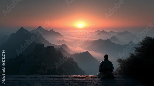 The Great Wall Sunrise Sea of Clouds Meditator Peaceful Mind