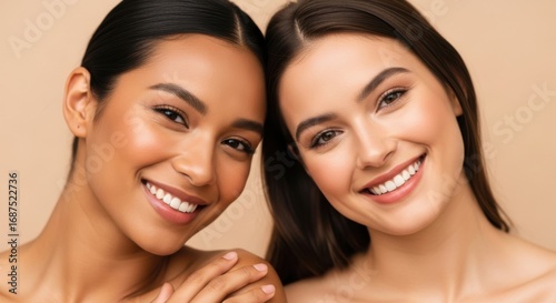 Two beautiful women of different ethnicities smile warmly, their radiant skin suggesting good health and beauty