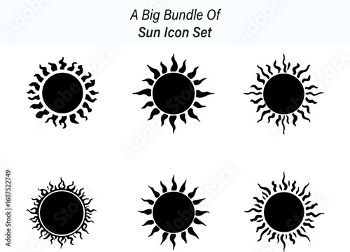 Collection of Six Sun Icon Designs with Varying Ray Styles in Black Silhouette set six
