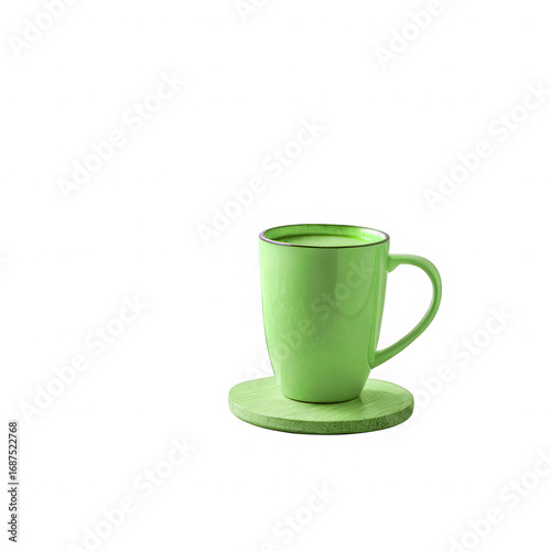 A light green mug with a dark green rim sitting on a matching coaster