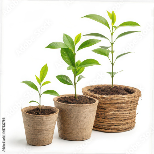 Three small plants growing in pots of different sizes on a white background
