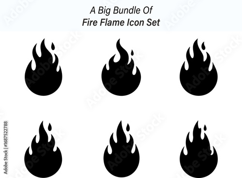 Six Fire Flame Icon Set with Different Designs in Black Silhouette Style silhouette set six