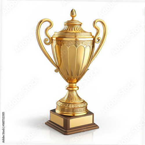 A golden trophy with a lid and handles on a brown and golden pedestal base