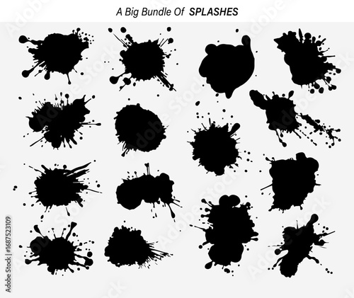 Collection of Various Ink Splatters and Splashes in Black Isolated on White Background silhouette collection