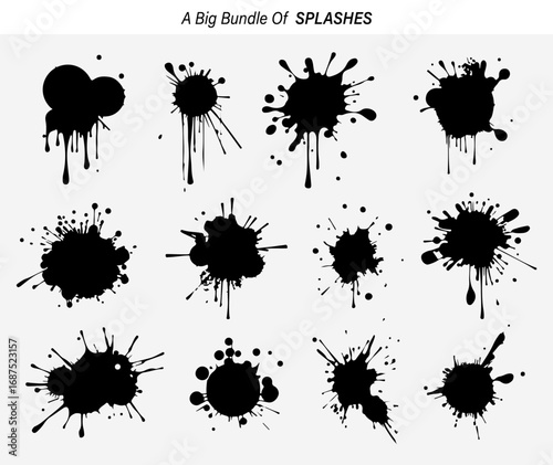 Collection of Ink Splatters and Blobs in Black Silhouette Style on White Background silhouette set
