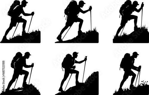 Mountain Tree and Silhouette Collection of Hikers with Backpacks and Trekking Poles