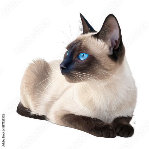 A siamese cat with striking blue eyes looking off to the side on black background