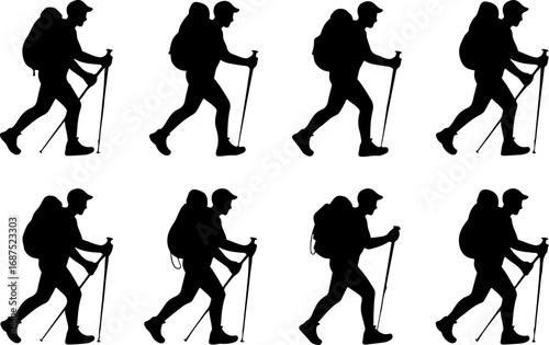 Mountain Tree and Silhouette Collection of Hikers with Backpacks and Trekking Poles