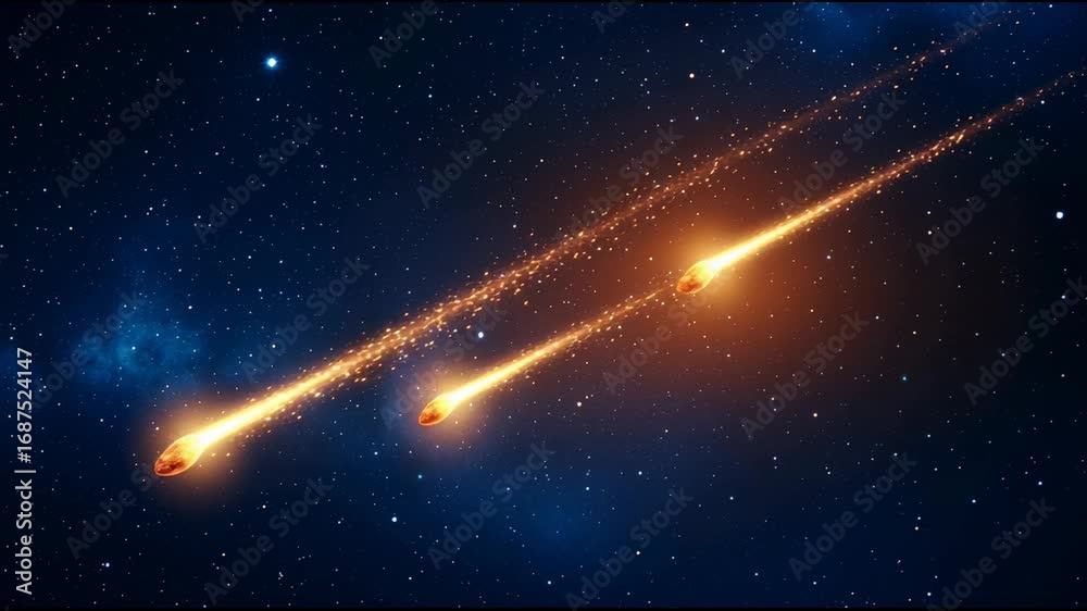 Glowing meteorites are burning as they fall through the atmosphere, creating a spectacular cosmic display against the backdrop of a dark, starry sky