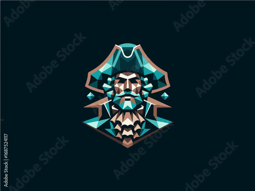 Bold geometric pirate captain portrait with distinguished beard and tri-corner hat, modern low poly art