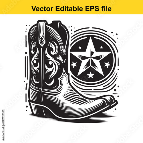  black and white cowboy boot with star emblem isolated on white background