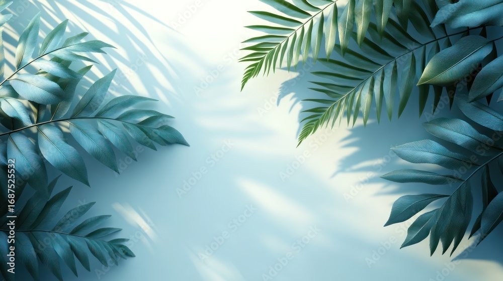 Fototapeta premium Tropical leaves cast soft shadows on a light blue surface.