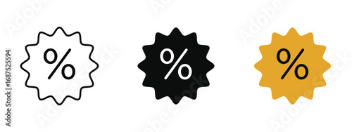 Discount icon in fill colored outline style on a clean white background, representing sales, special offers, and price reductions in shopping.