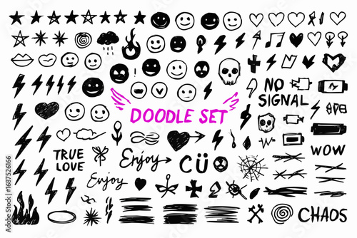 Doodle Set: A diverse collection of hand-drawn doodles. Featuring hearts, stars, lighting bolts, smiley faces, skulls, and more. Perfectly showcasing creativity, fun, and expression. 