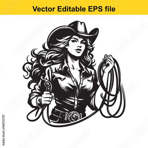  cowgirl with lasso isolated on white background