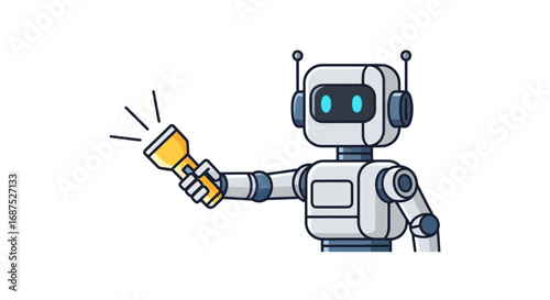 A friendly cartoon robot with blue glowing eyes holding a shining yellow flashlight.