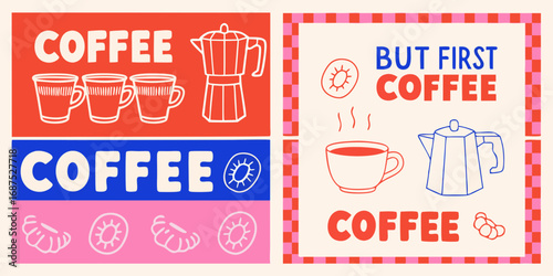 Retro style coffee illustration with bold typography and moka pots