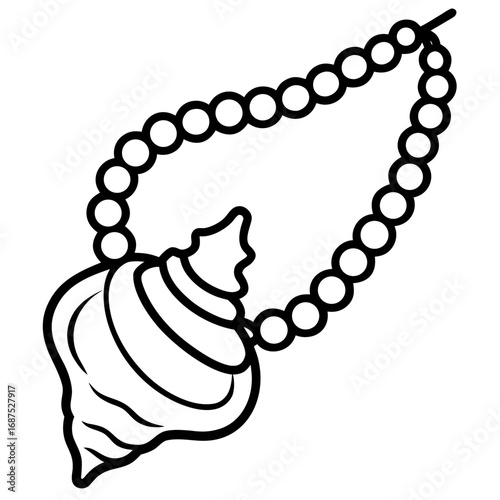Elegant sacred conch shell pendant adorning a string of prayer beads, symbolizing spiritual devotion and ancient tradition, perfect for religious and cultural projects