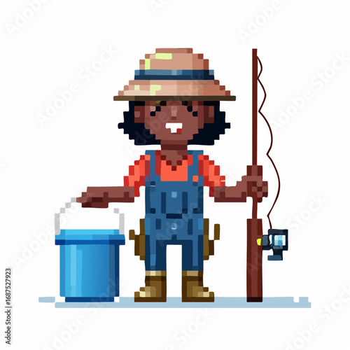 Pixel Art Fisherman with Fishing Rod and Bucket