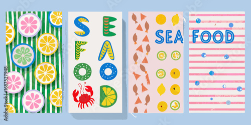 Colorful illustrations of citrus fruits seafood and text reading sea food