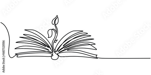 Open book continuous line drawing. Education and literature concept with plant growing