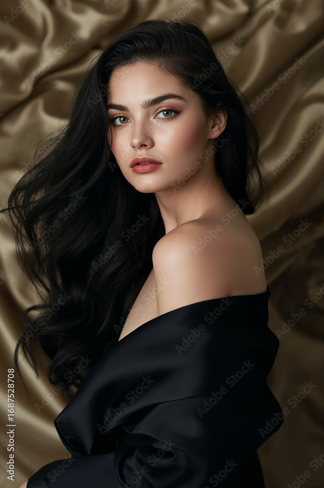 Naklejka premium Black-haired beautiful woman with long flowing hair wrapped in black silk and surrounded in silk portrait format generative AI