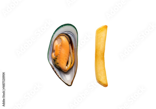 A mussel shell, open, displays vibrant hues, contrasted by a golden french fry, set against a bold black background.