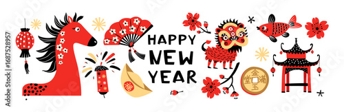Chinese Lunar New Year Greeting 2026, Fire Red Horse Zodiac, Lanterns, Pagoda, Lion Dance, Cherry Blossoms, Gold Coin and Festive Symbols and Lucky Elements Vector Illustration. Flat Design.