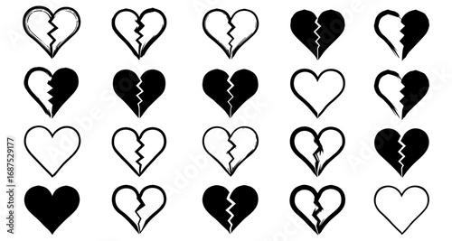 Collection of black and white broken heart designs in various styles